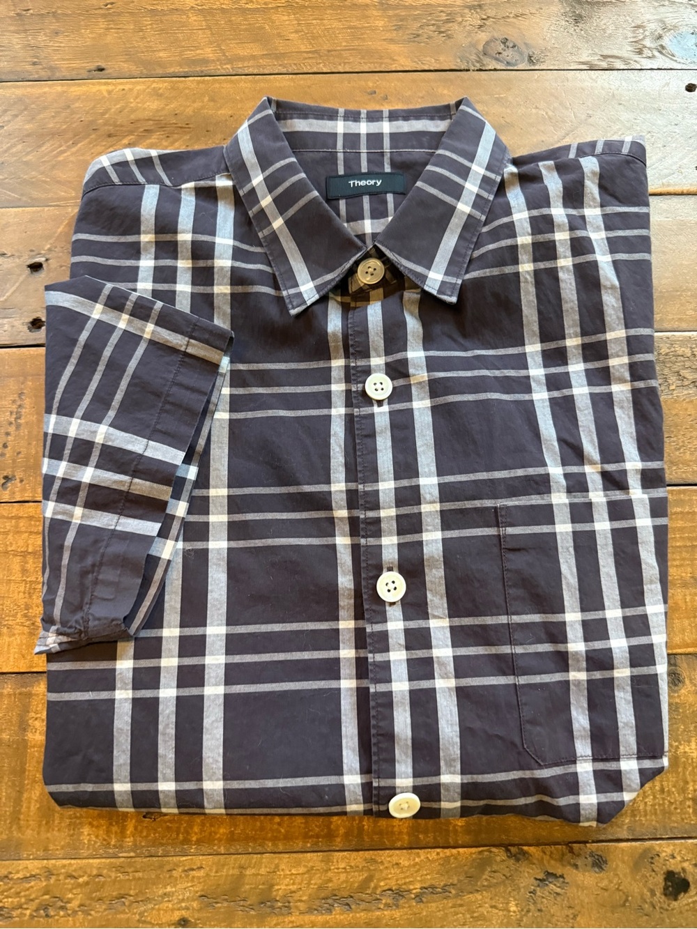 men’s theory button down plaid shirt, size large, excellent condition